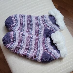 Muk Luks Purple and White Striped Fuzzy Gripper Socks